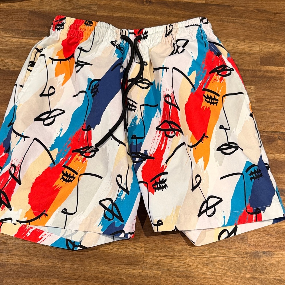 Colorful Abstract Face Print Swim Board Shorts